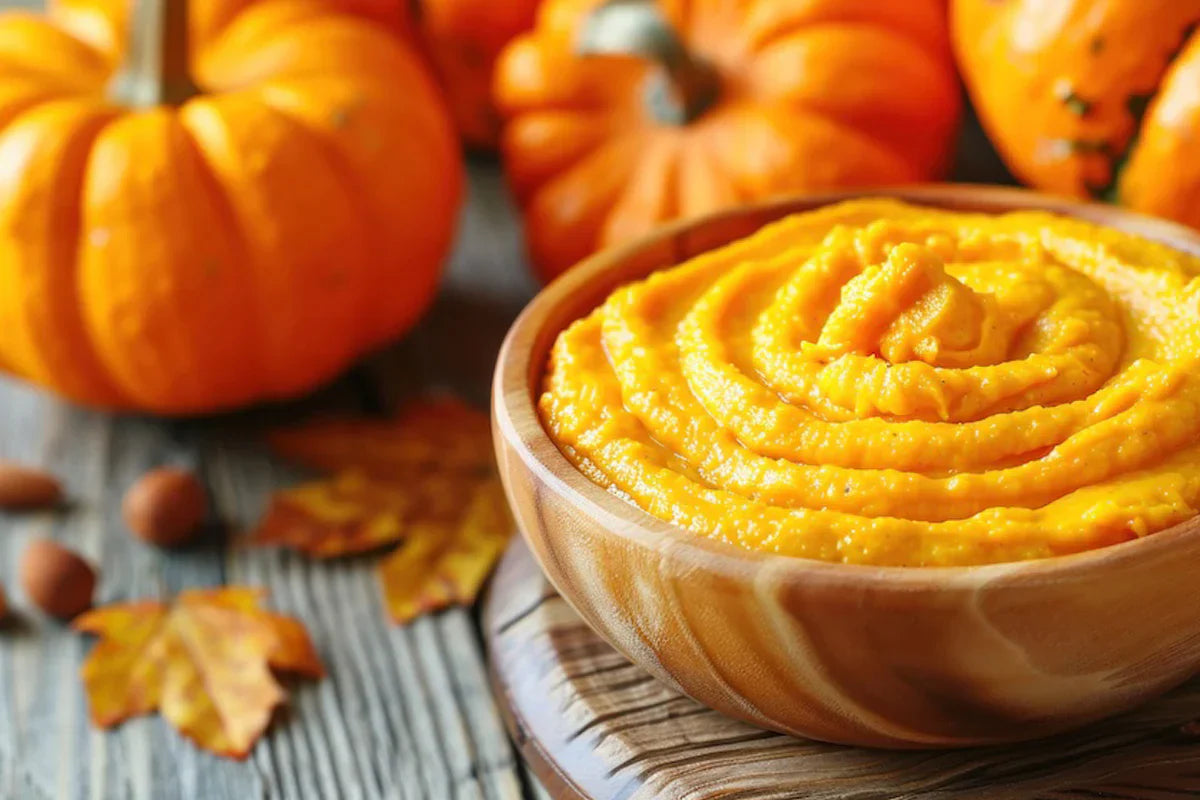 Bowl of pumpkin puree with pumpkins and leaves in the background
