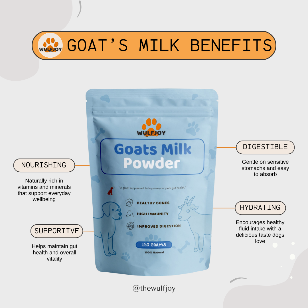 Wulfdoy Goats Milk Powder package with benefits listed on a white background