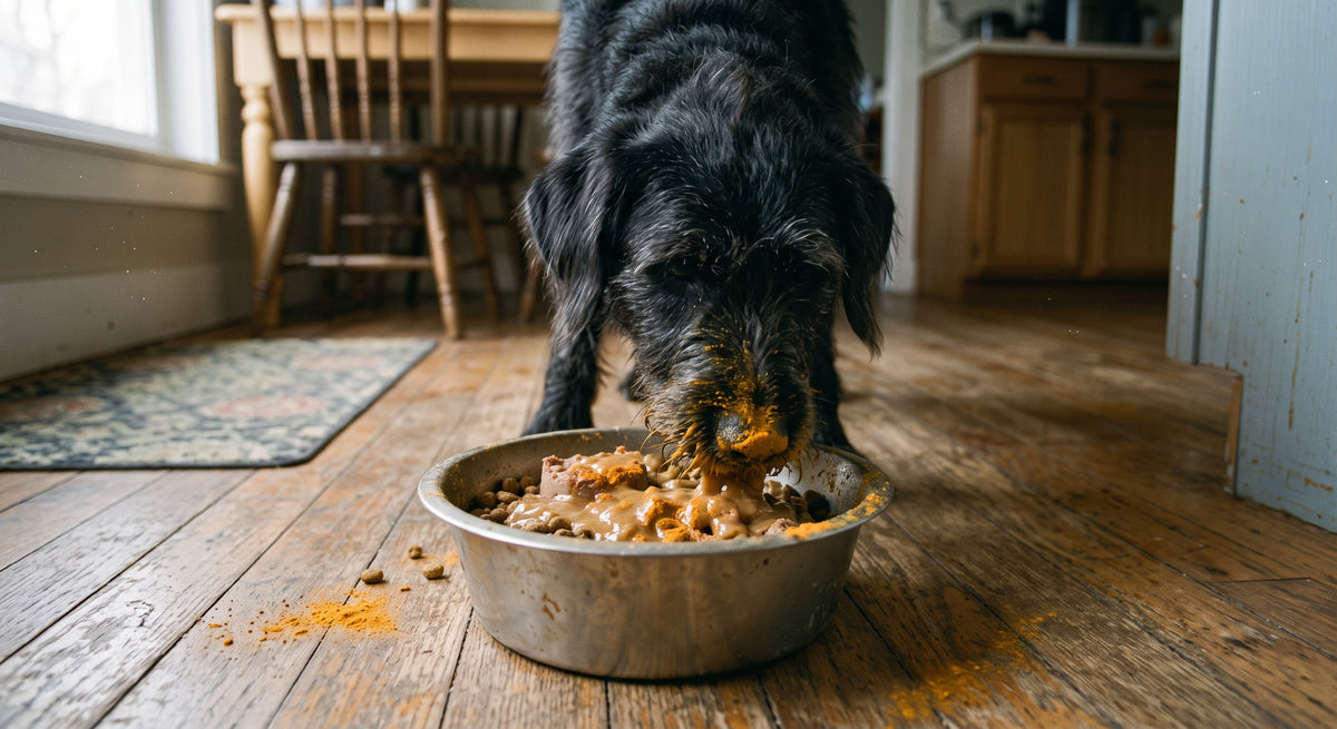 A black dog eating wet dog food from a metal bowl on a wooden floor in a home kitchen setting.