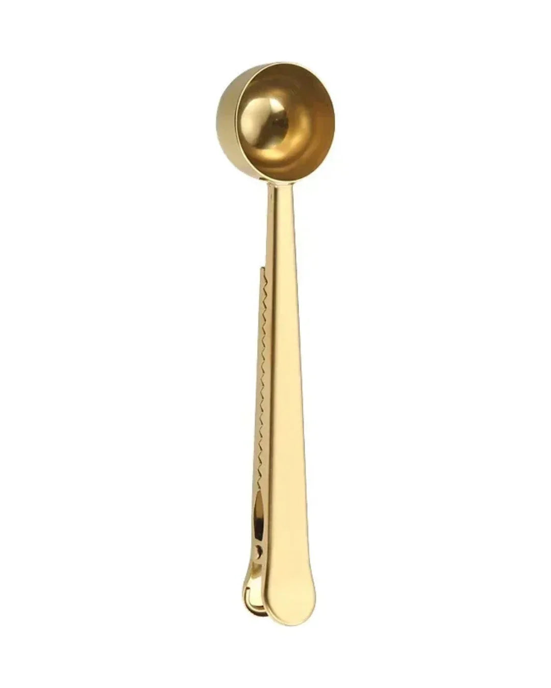 Gold metal measuring scoop clip for pet supplements or dog treats on white background