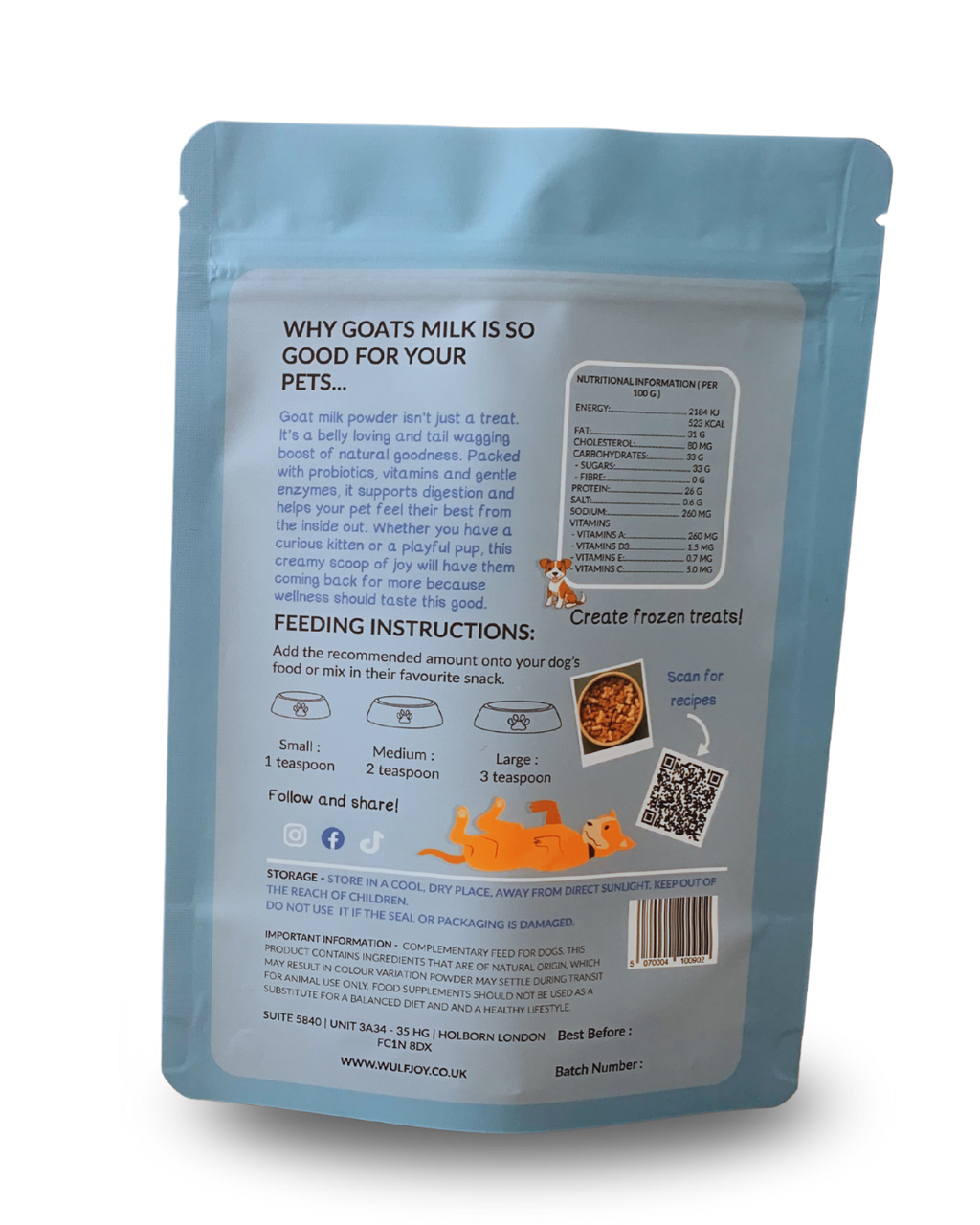 WulfJoy goat milk powder dog supplement packaging with feeding instructions and nutrition info