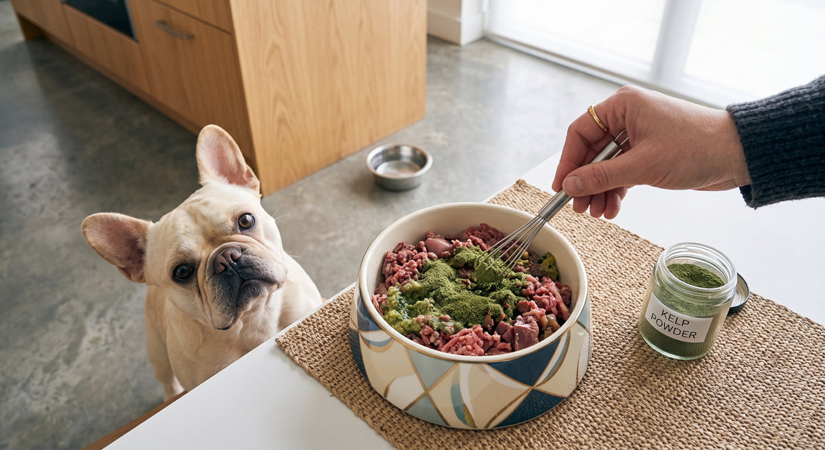 A French bulldog watches as a person mixes green powder into a raw meat pet food bowl. A small glass jar of the green powder sits on a woven placemat on the table next to the bowl in a modern kitchen setting.