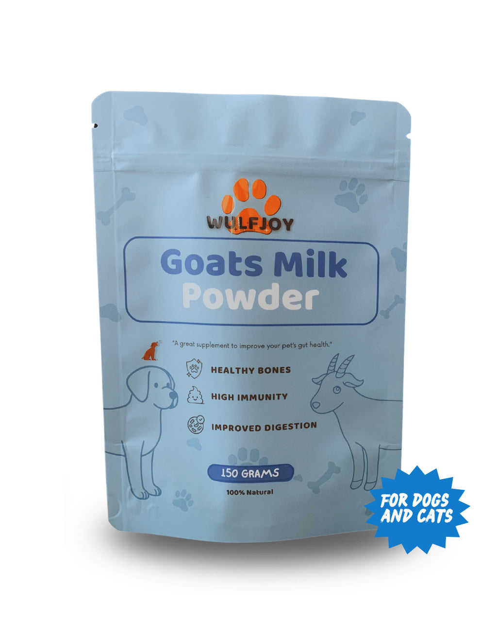 A light blue stand-up pouch of Wulfjoy Goats Milk Powder dog supplement, featuring illustrations of a dog and a goat, on a white background with a blue 'FOR DOGS AND CATS' badge.