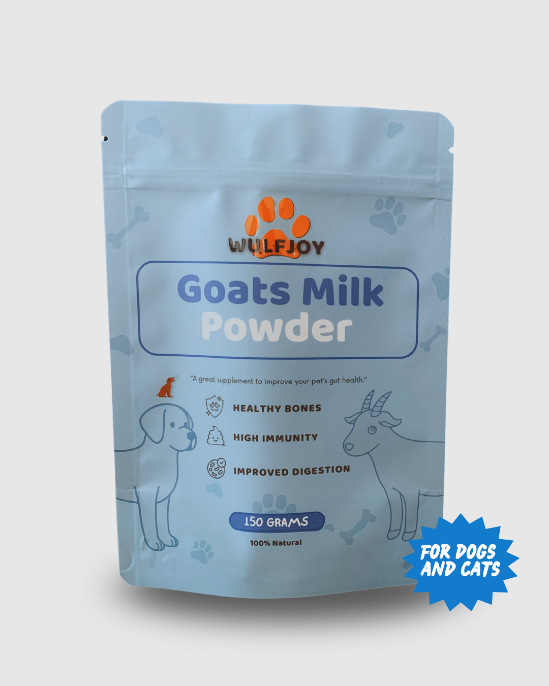 A light blue stand-up pouch of Wulfjoy Goats Milk Powder dog supplement, featuring illustrations of a dog and a goat, on a light gray background with a blue 'FOR DOGS AND CATS' badge.