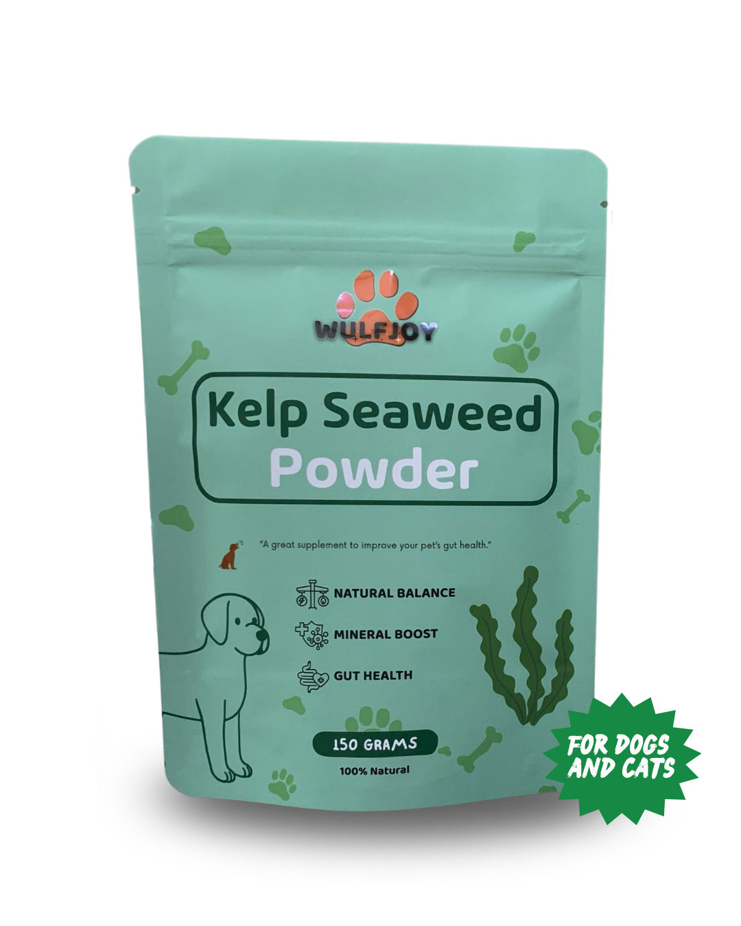 A stand-up pouch of Wulfjoy Kelp Seaweed Powder dog supplement, in a mint green color with illustrations of seaweed, paw prints, and a dog. A green starburst badge on the bottom right reads 'FOR DOGS AND CATS'.