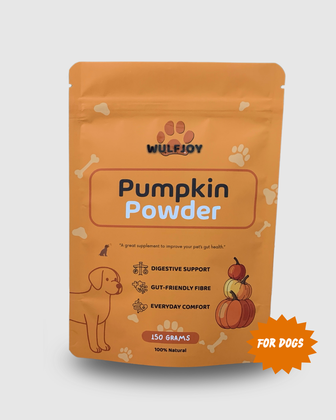 An orange stand-up pouch of Wulfjoy Pumpkin Powder for dogs, featuring a cartoon dog, pumpkins, paw prints, and text highlighting digestive and gut-health benefits. A bright orange starburst sticker in the bottom right corner reads 'FOR DOGS'.