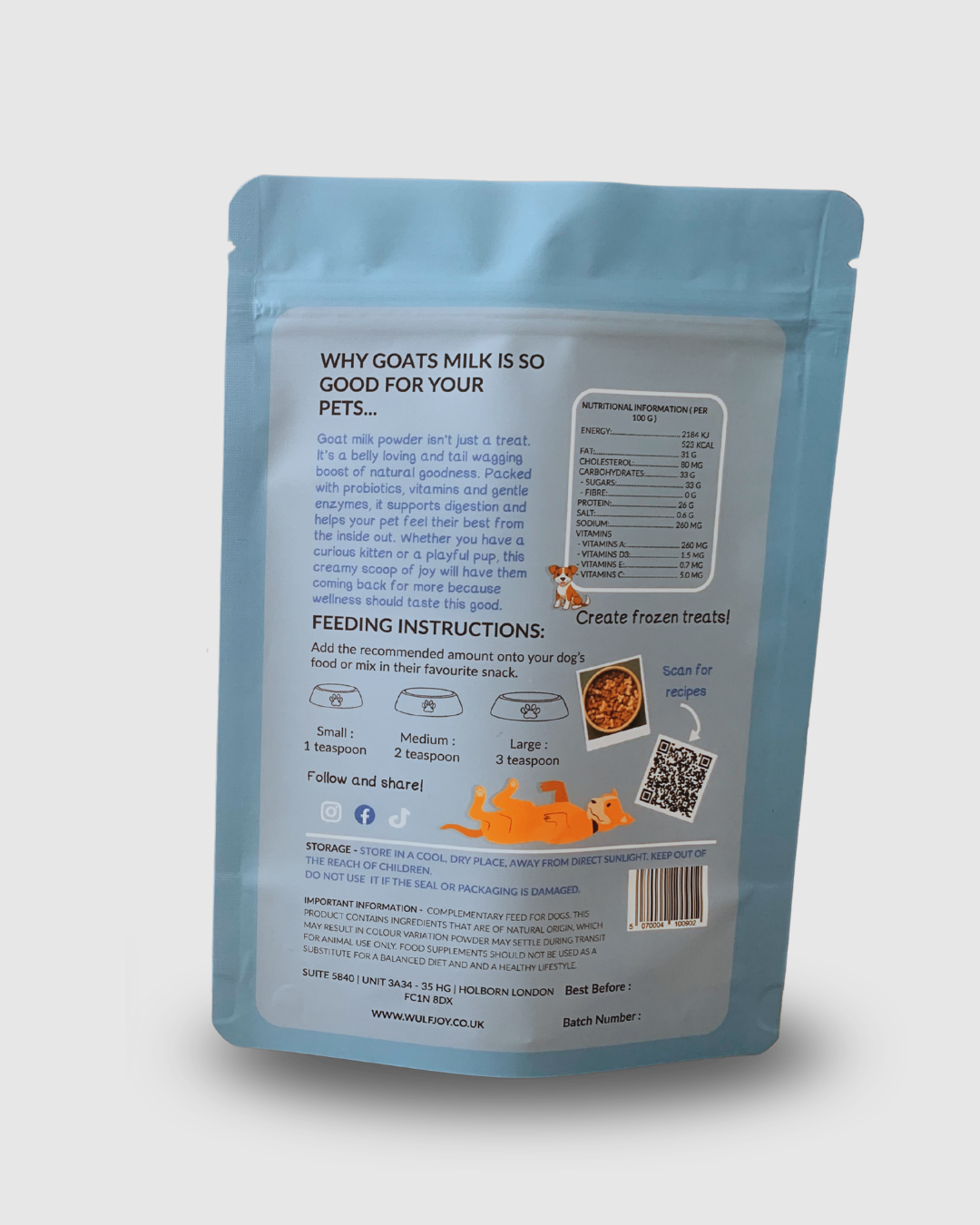 A blue stand-up pouch of pet treats shown from the back, featuring text, feeding instructions, a nutrition label, and a barcode on a plain white background.