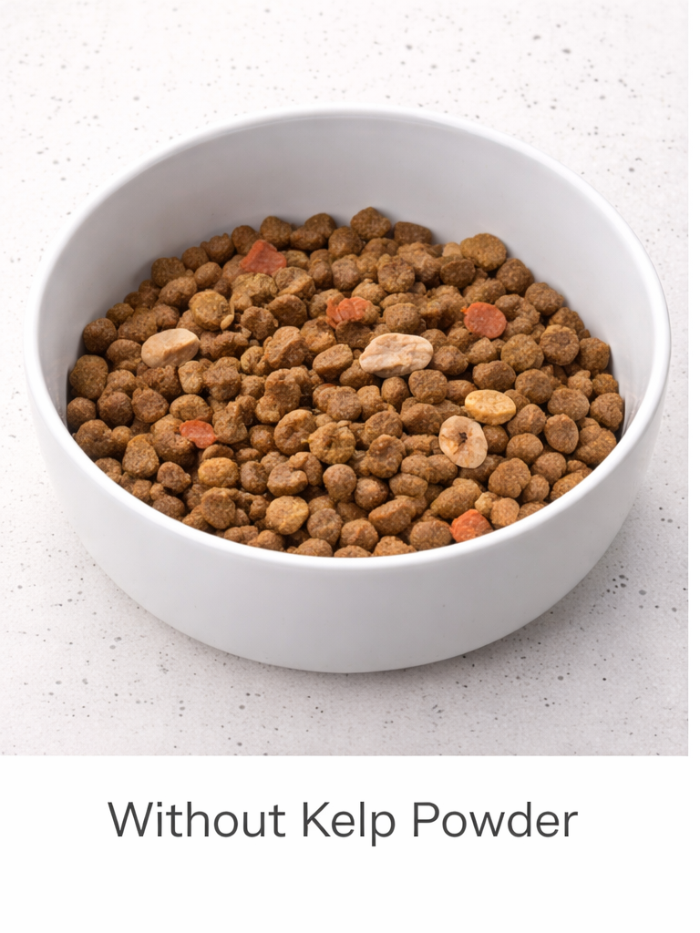 White bowl filled with brown pet food on a light gray surface, labeled 'Without Kelp Powder'.