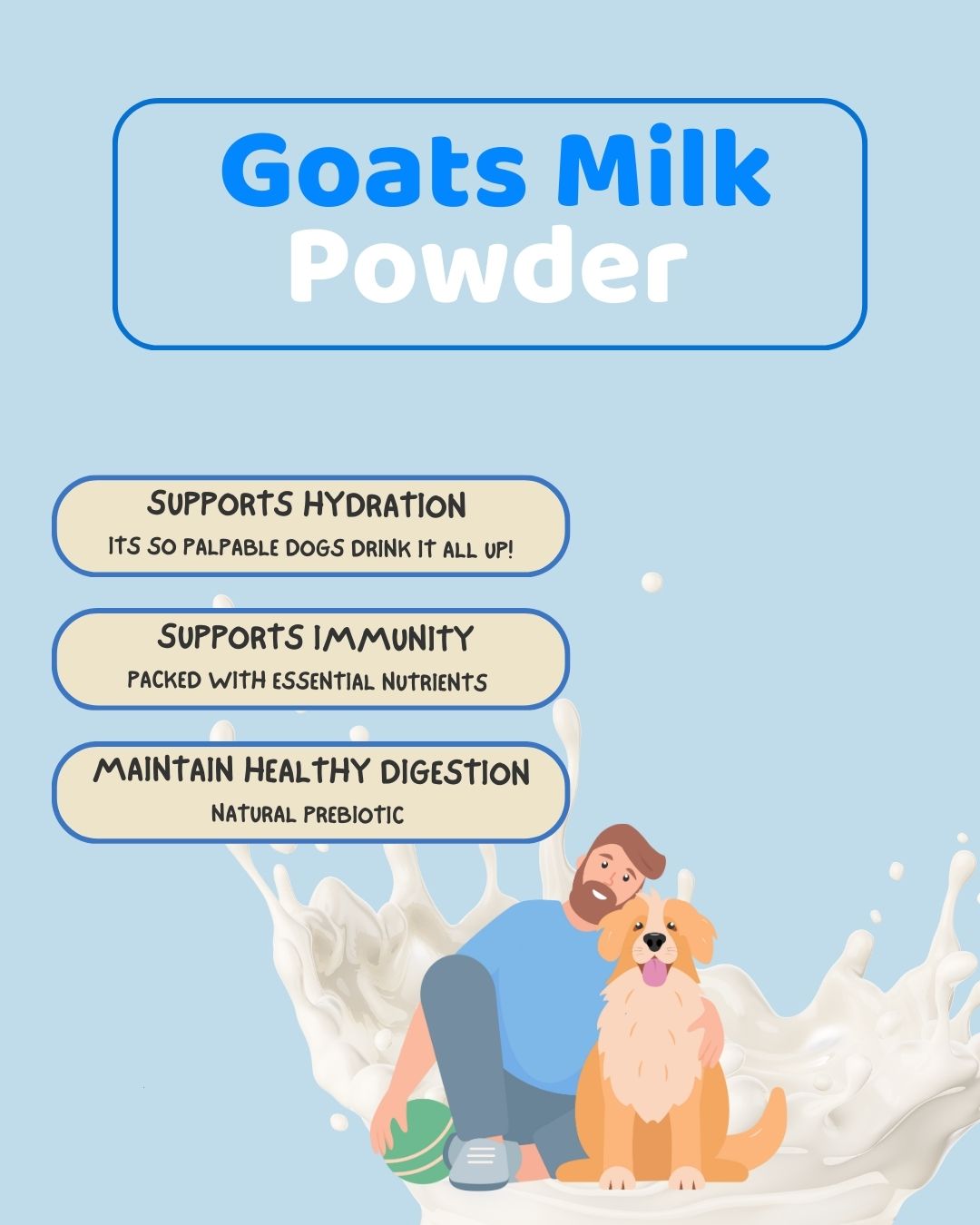 Goat milk powder for dogs benefits: Supports hydration, immunity, and healthy digestion. Illustration of man hugging dog with WulfJoy branding.