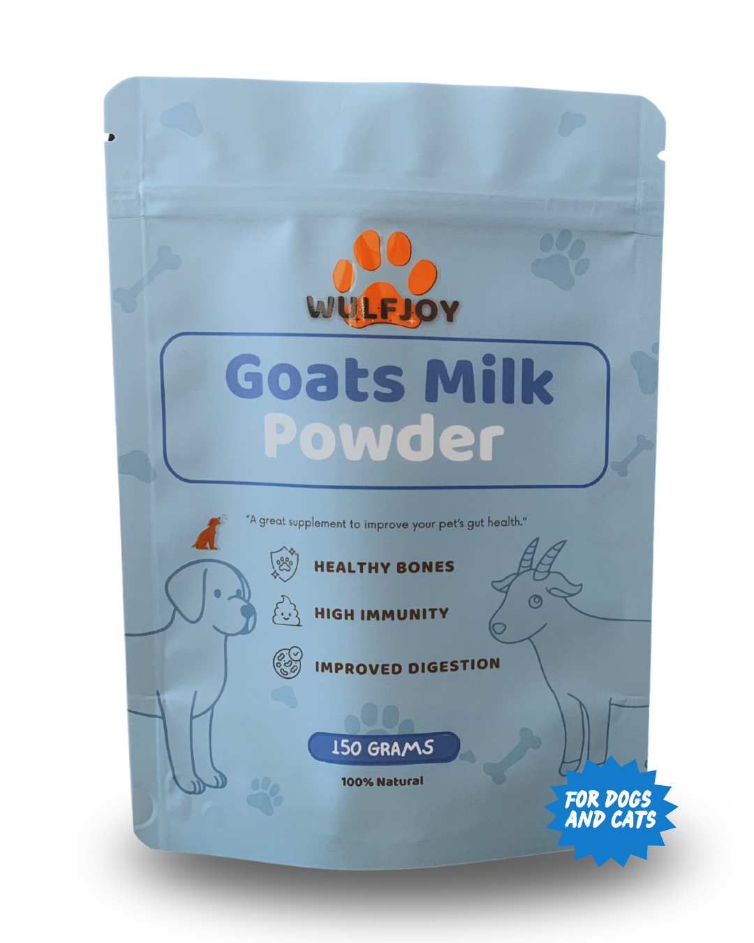 Wulfjoy goat milk powder for dogs 150g natural dog supplement for digestion and immunity