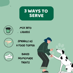 Three serving ideas for WulfJoy Kelp Seaweed Powder illustrated with a person and dog
