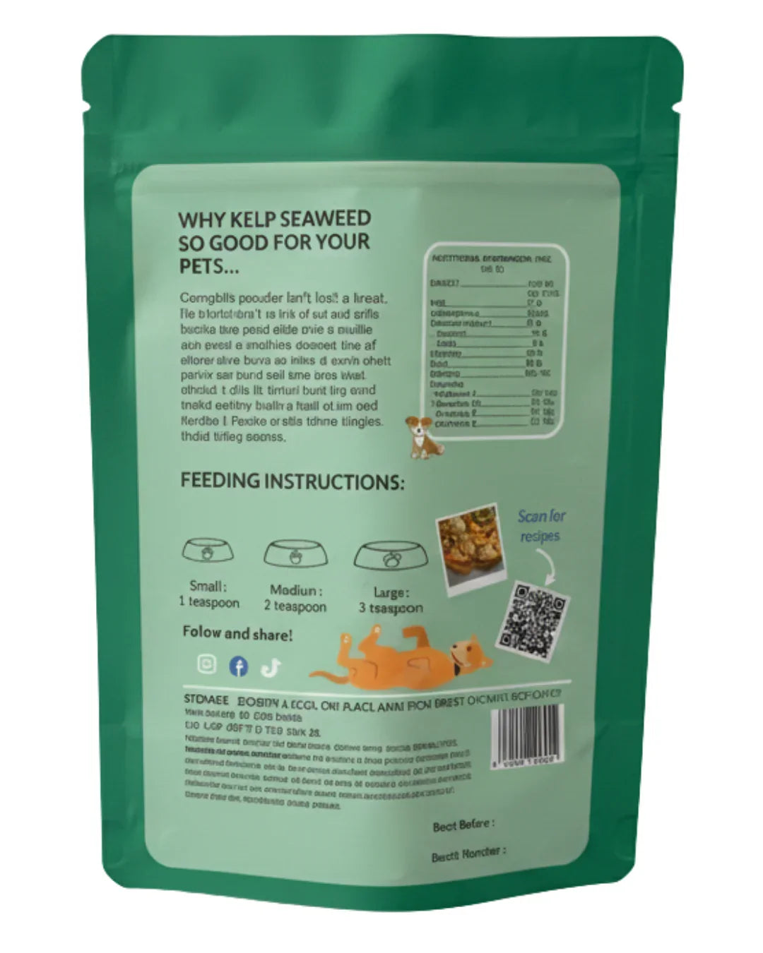 Wulfjoy kelp seaweed powder dog supplement packaging with feeding instructions and nutrition info.