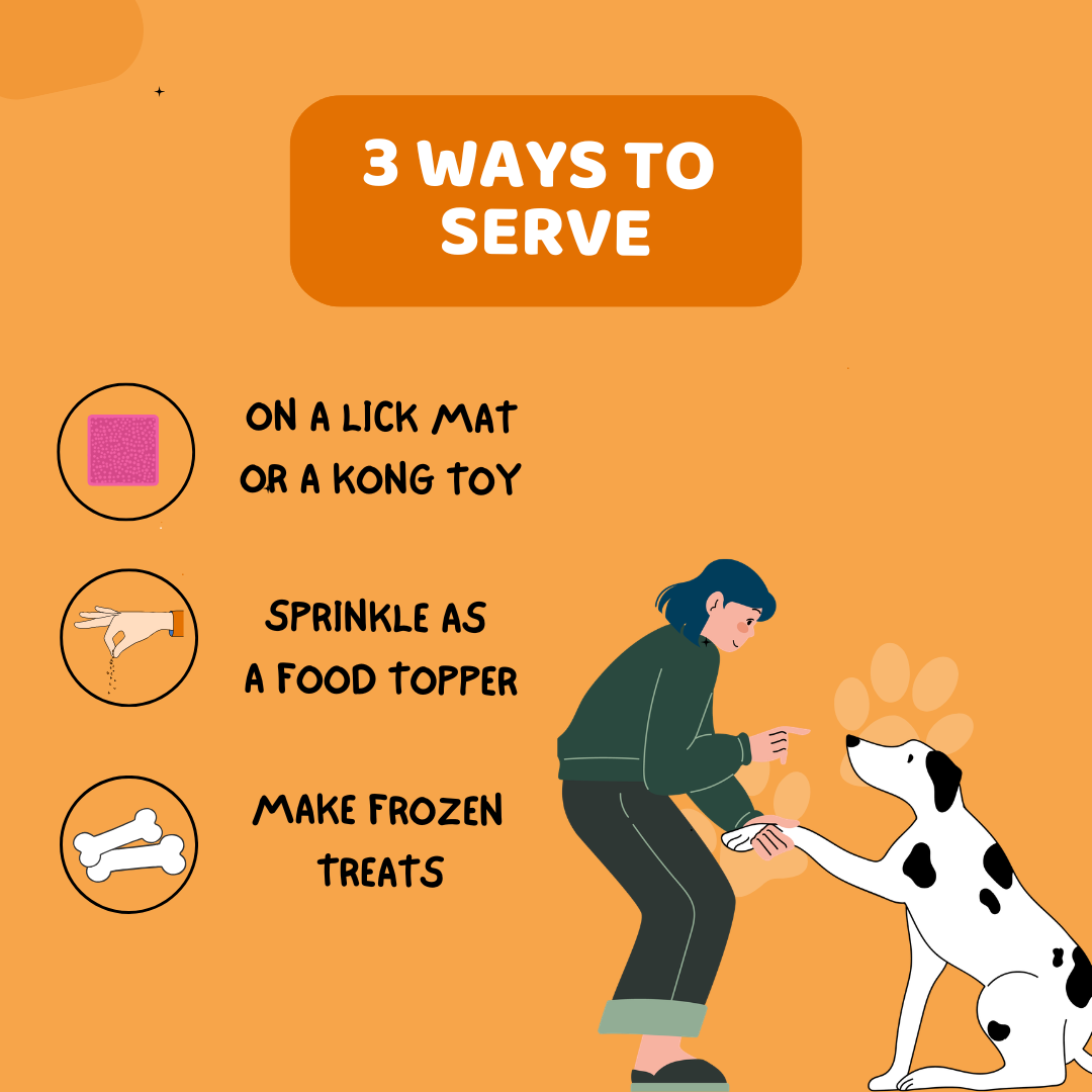 Illustration of a woman and dog with text on 3 ways to serve a product on an orange background