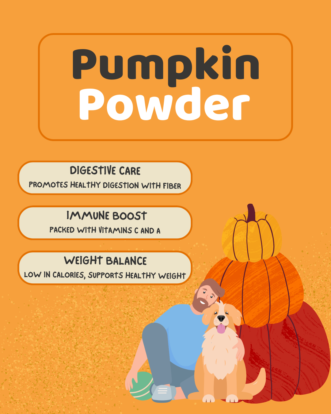 Product packaging for 'Pumpkin Powder' with a man and dog illustration on an orange background.