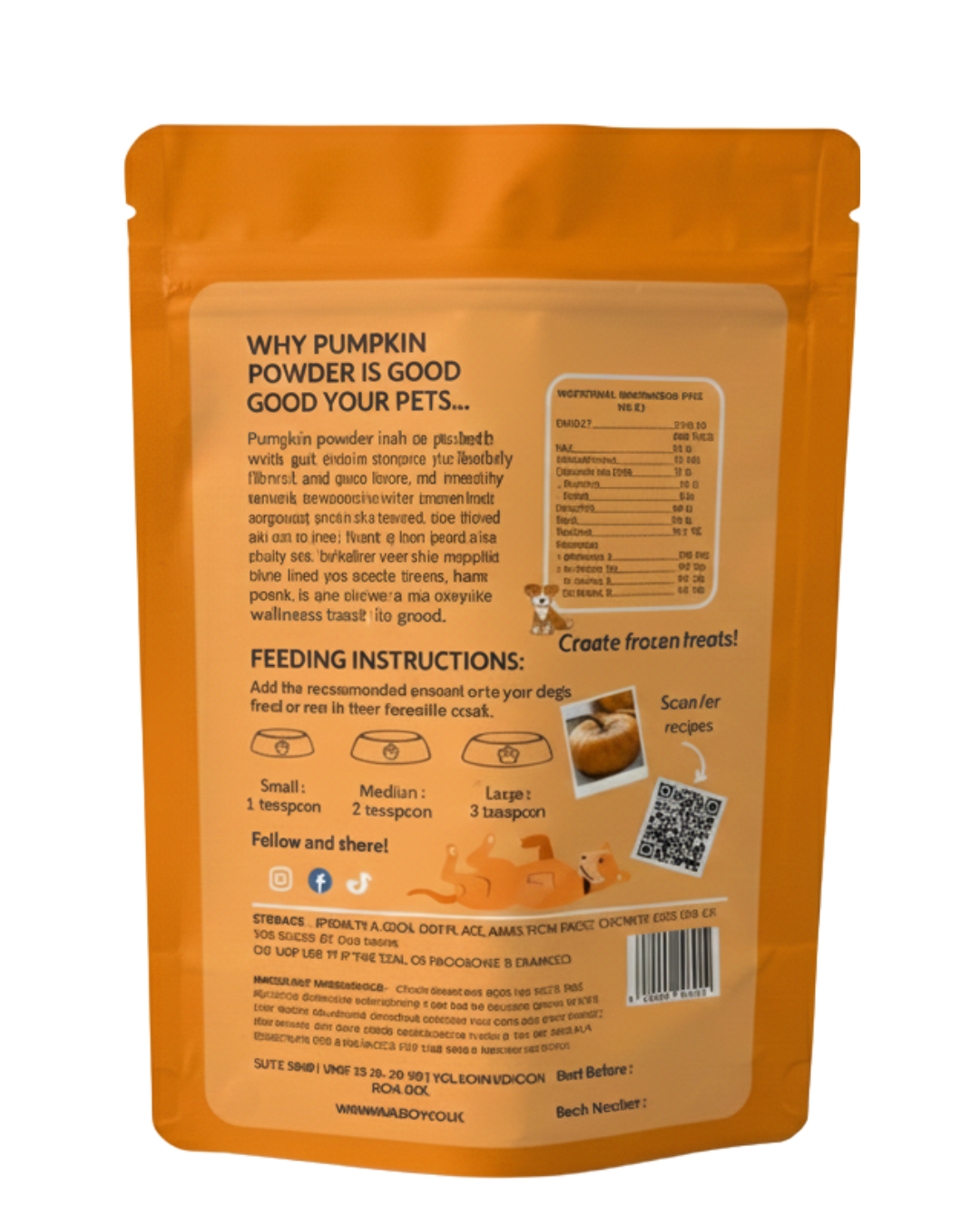 Wulfjoy pumpkin powder dog supplement packaging with feeding instructions and nutrition info.